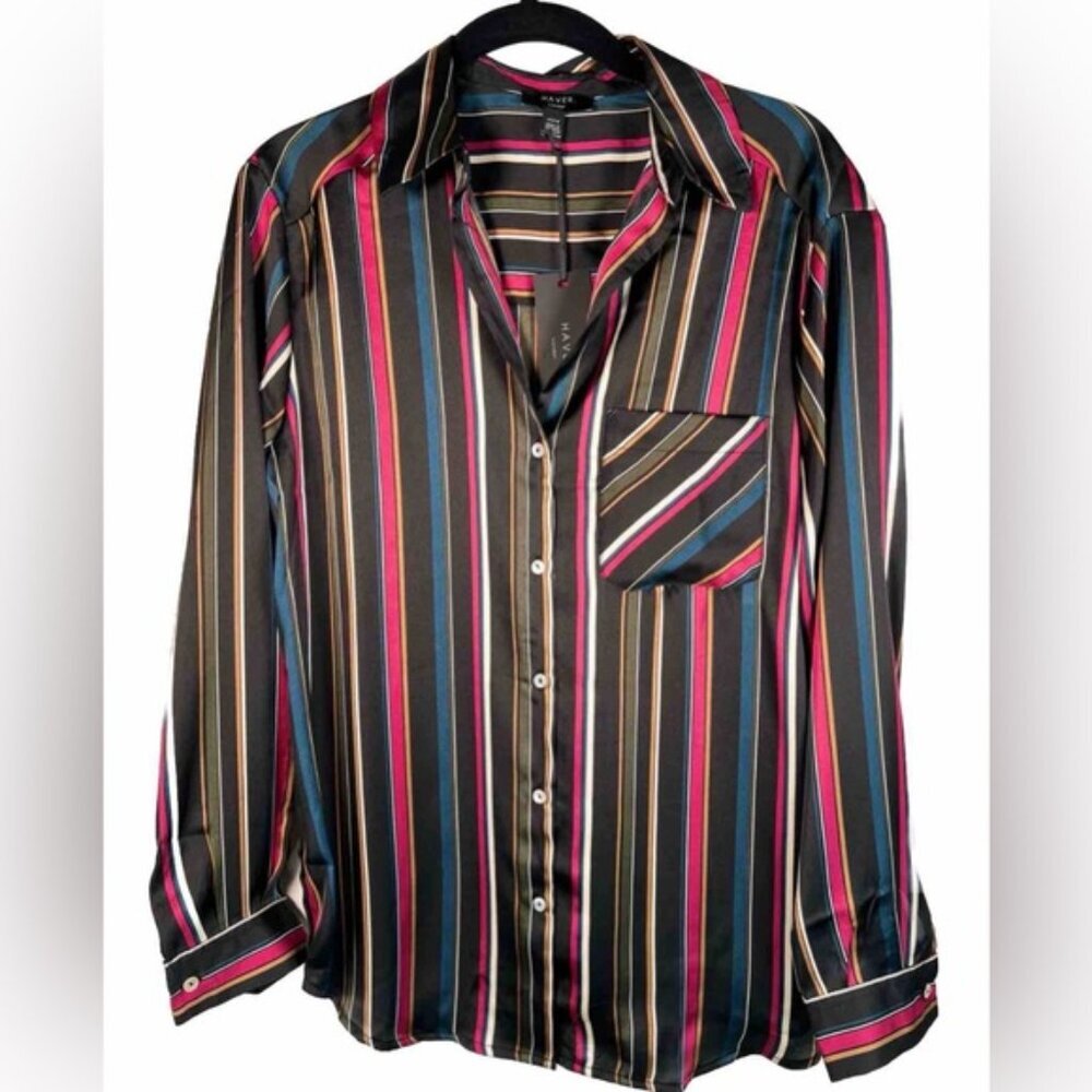 NWT HAVER LONDON Satin Striped V neck‎ Button Up LS Shirt WEAR UNTIED/TIED XS